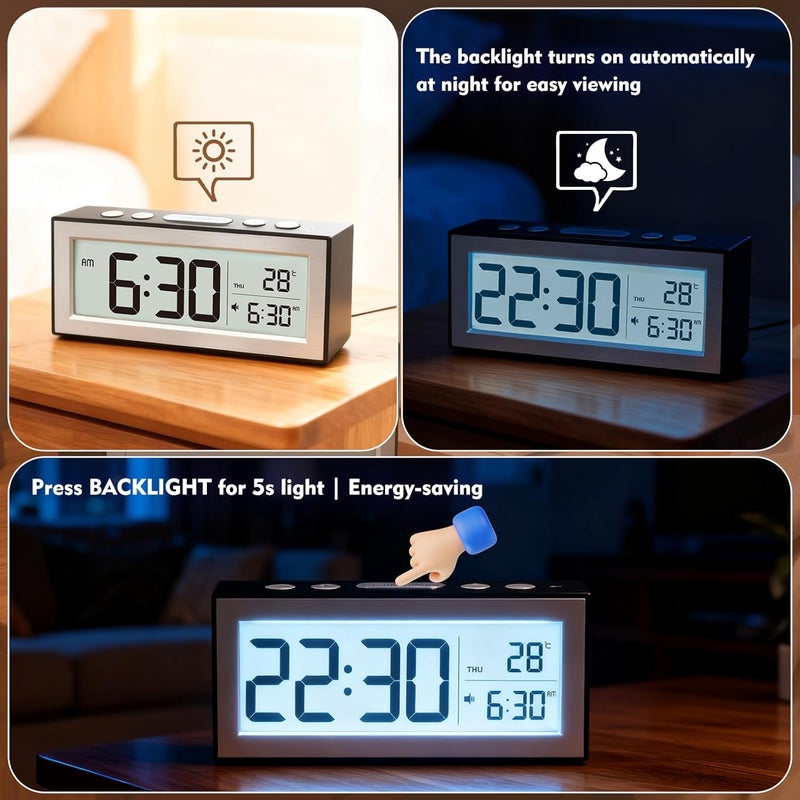 ALANAS Battery Operated Alarm Clock, Portable Digital Clock with Large Display, Snooze, Temperature & Date, Auto-Dim Night Light for Easy Reading, Ideal for Seniors, Kids, Bedroom, Travel, Nightstand - Image 5